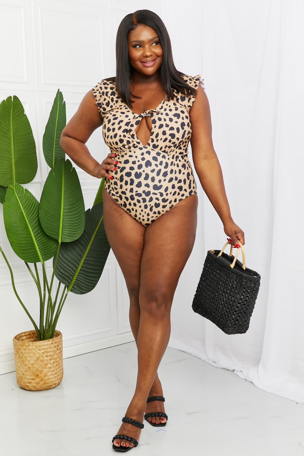 Marina West Swim Seashell Ruffle Sleeve One-Piece in Leopard Print on any thing USA/STOD clothes