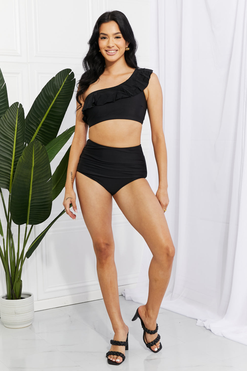 Marina West Swim Seaside Romance Ruffle One-Shoulder Bikini in Black Print on any thing USA/STOD clothes