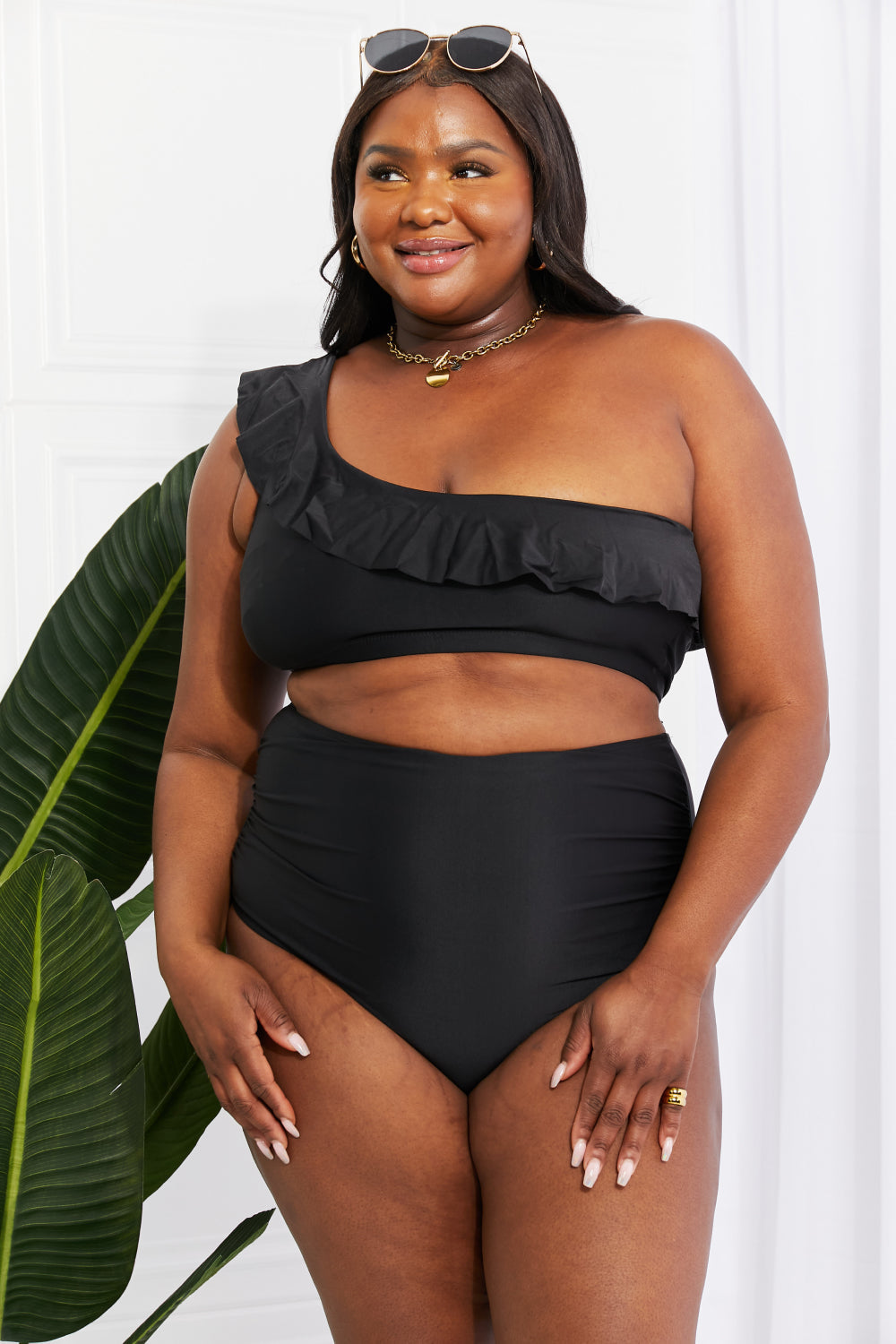 Marina West Swim Seaside Romance Ruffle One-Shoulder Bikini in Black Print on any thing USA/STOD clothes