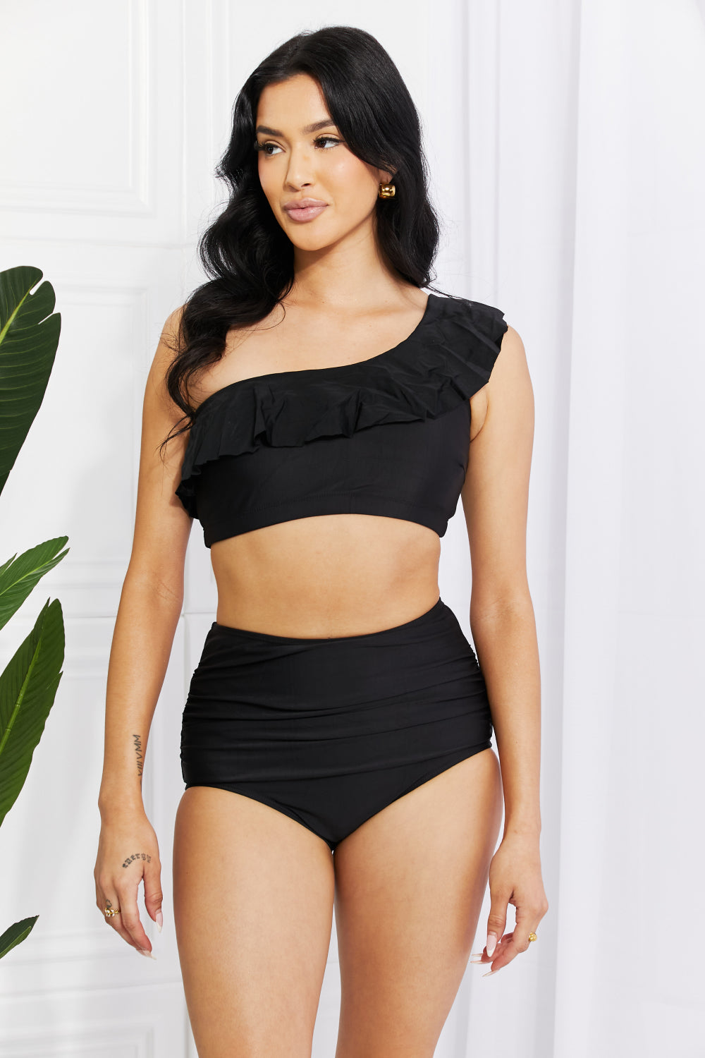Marina West Swim Seaside Romance Ruffle One-Shoulder Bikini in Black Print on any thing USA/STOD clothes