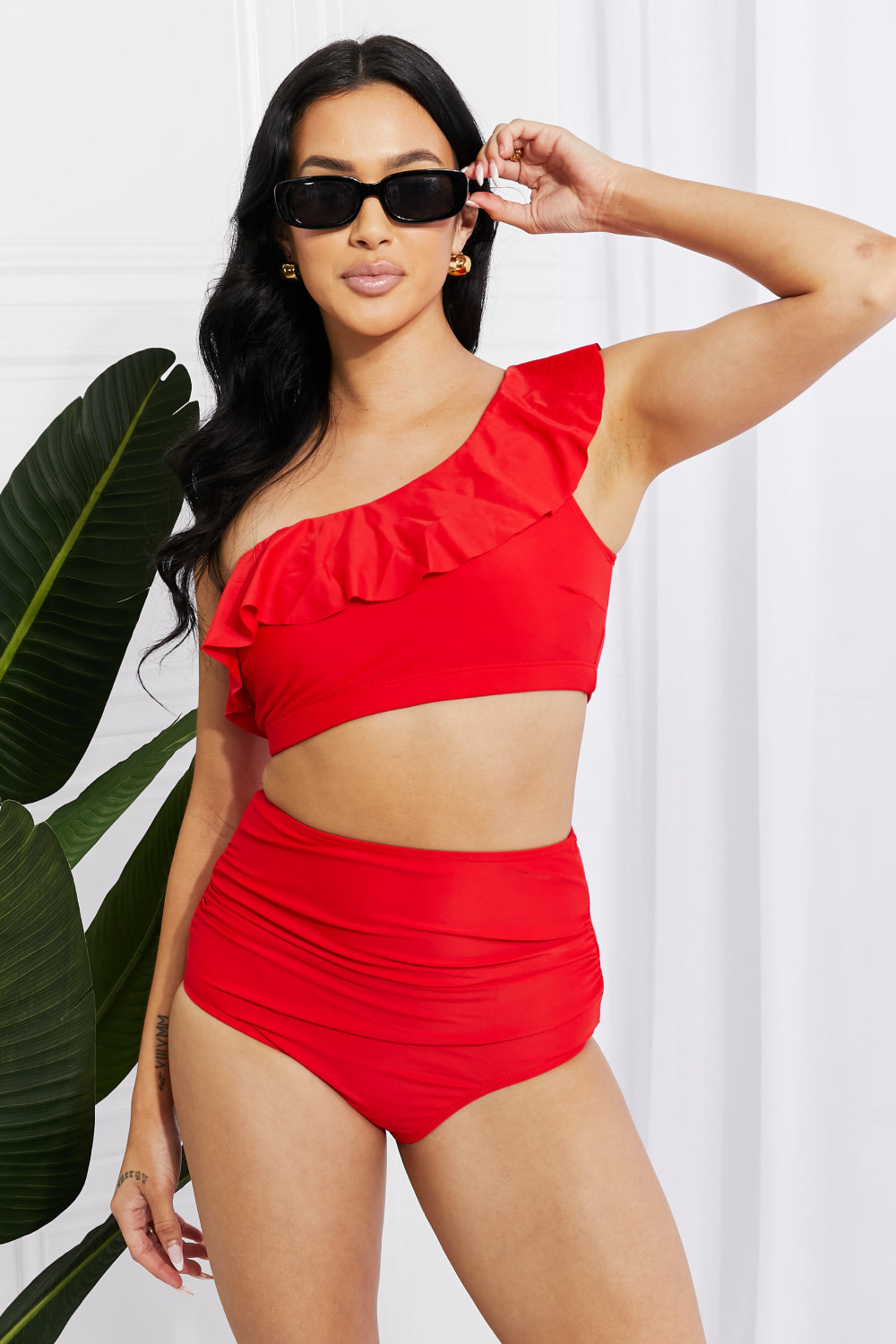 Marina West Swim Seaside Romance Ruffle One-Shoulder Bikini in Red Print on any thing USA/STOD clothes