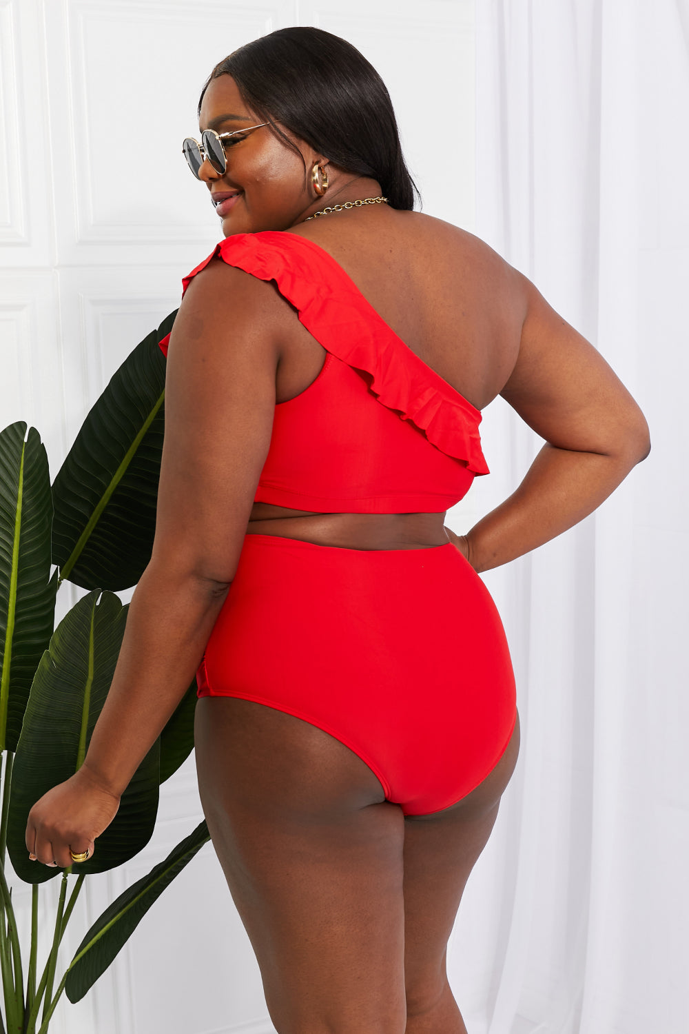 Marina West Swim Seaside Romance Ruffle One-Shoulder Bikini in Red Print on any thing USA/STOD clothes