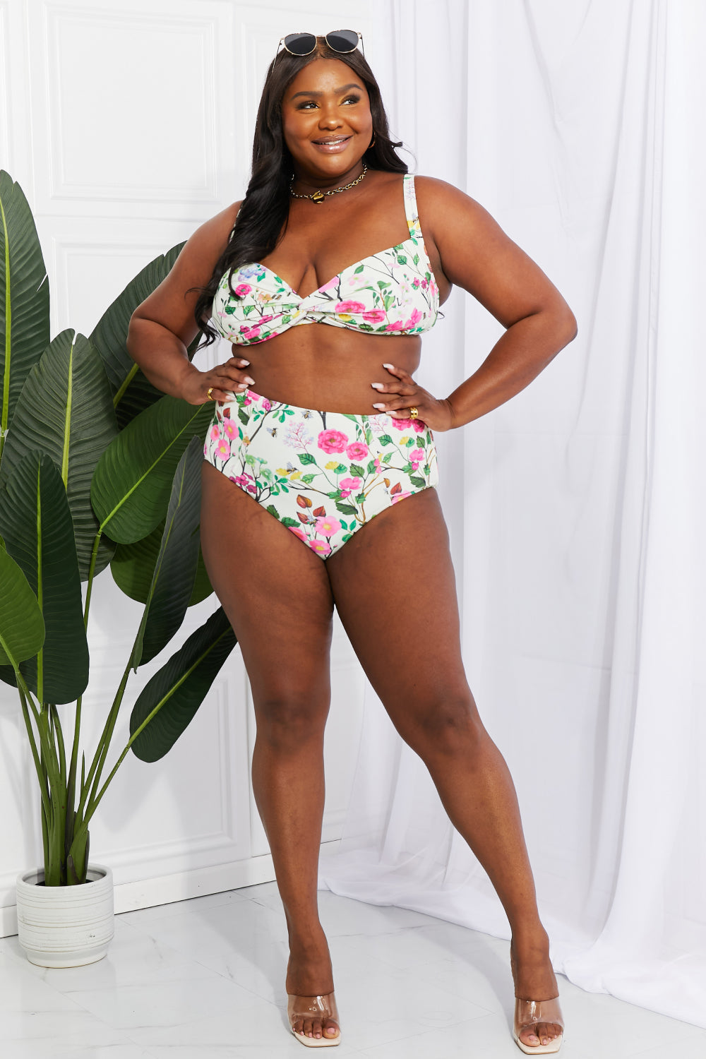 Marina West Swim Take A Dip Twist High-Rise Bikini in Cream Print on any thing USA/STOD clothes