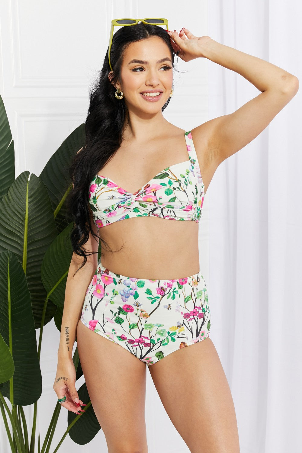 Marina West Swim Take A Dip Twist High-Rise Bikini in Cream Print on any thing USA/STOD clothes
