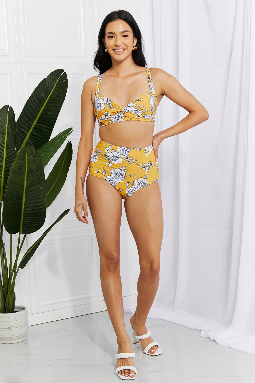 Marina West Swim Take A Dip Twist High-Rise Bikini in Mustard Print on any thing USA/STOD clothes