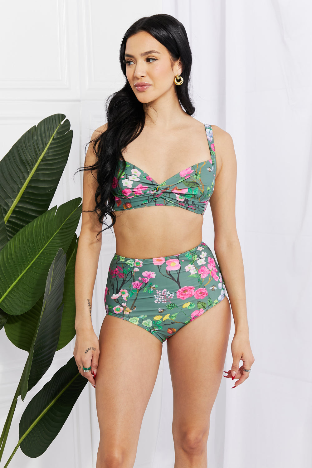 Marina West Swim Take A Dip Twist High-Rise Bikini in Sage Print on any thing USA/STOD clothes