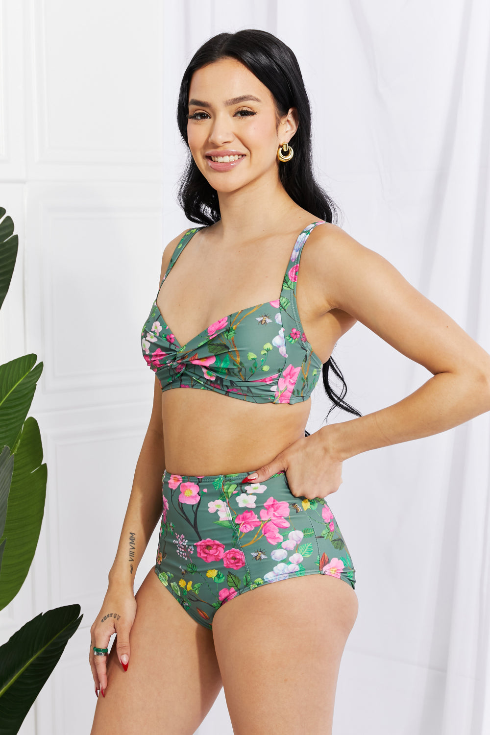 Marina West Swim Take A Dip Twist High-Rise Bikini in Sage Print on any thing USA/STOD clothes