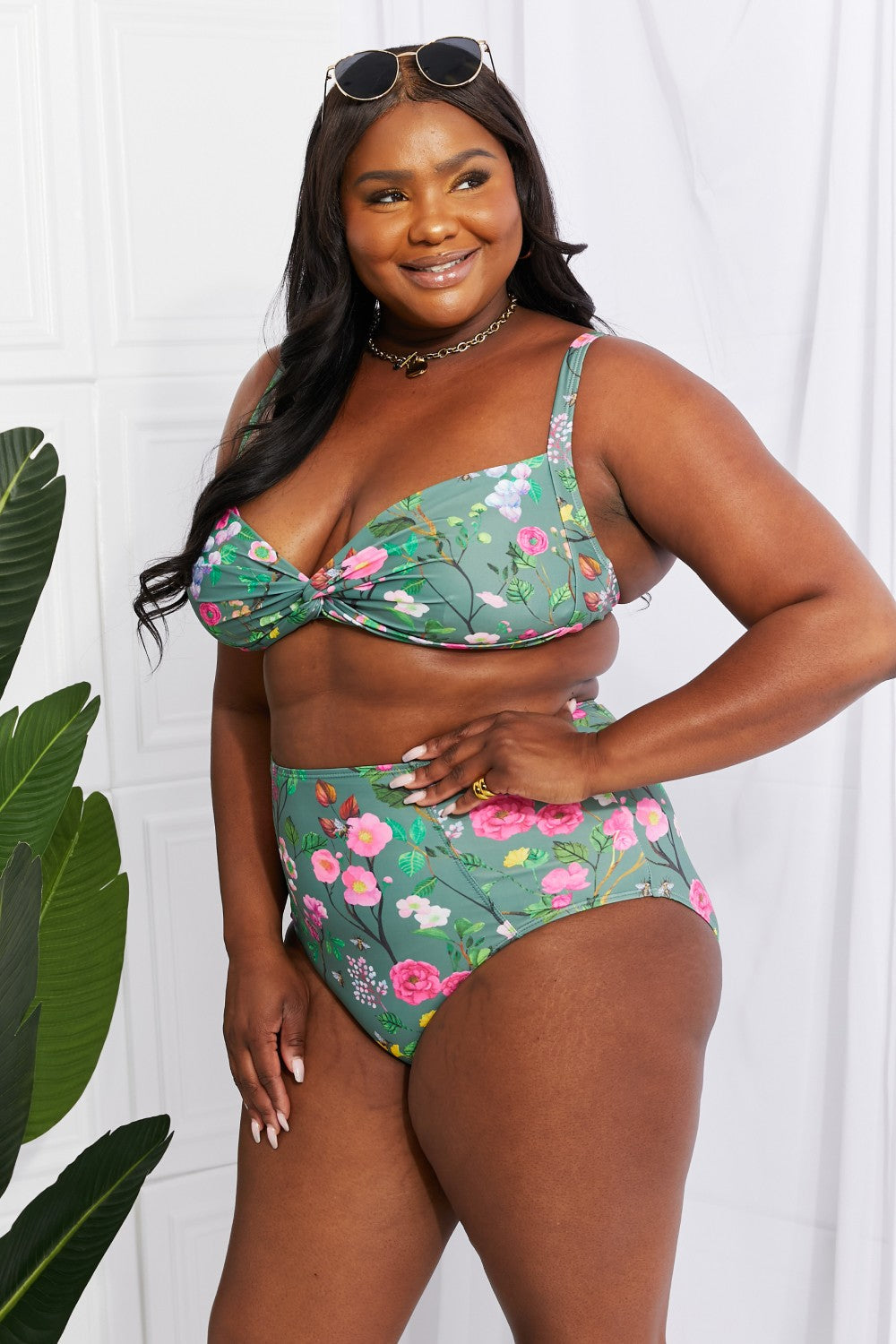 Marina West Swim Take A Dip Twist High-Rise Bikini in Sage Print on any thing USA/STOD clothes