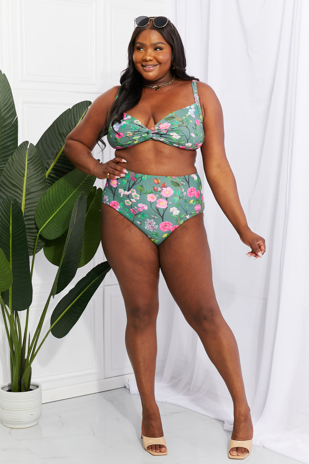 Marina West Swim Take A Dip Twist High-Rise Bikini in Sage Print on any thing USA/STOD clothes