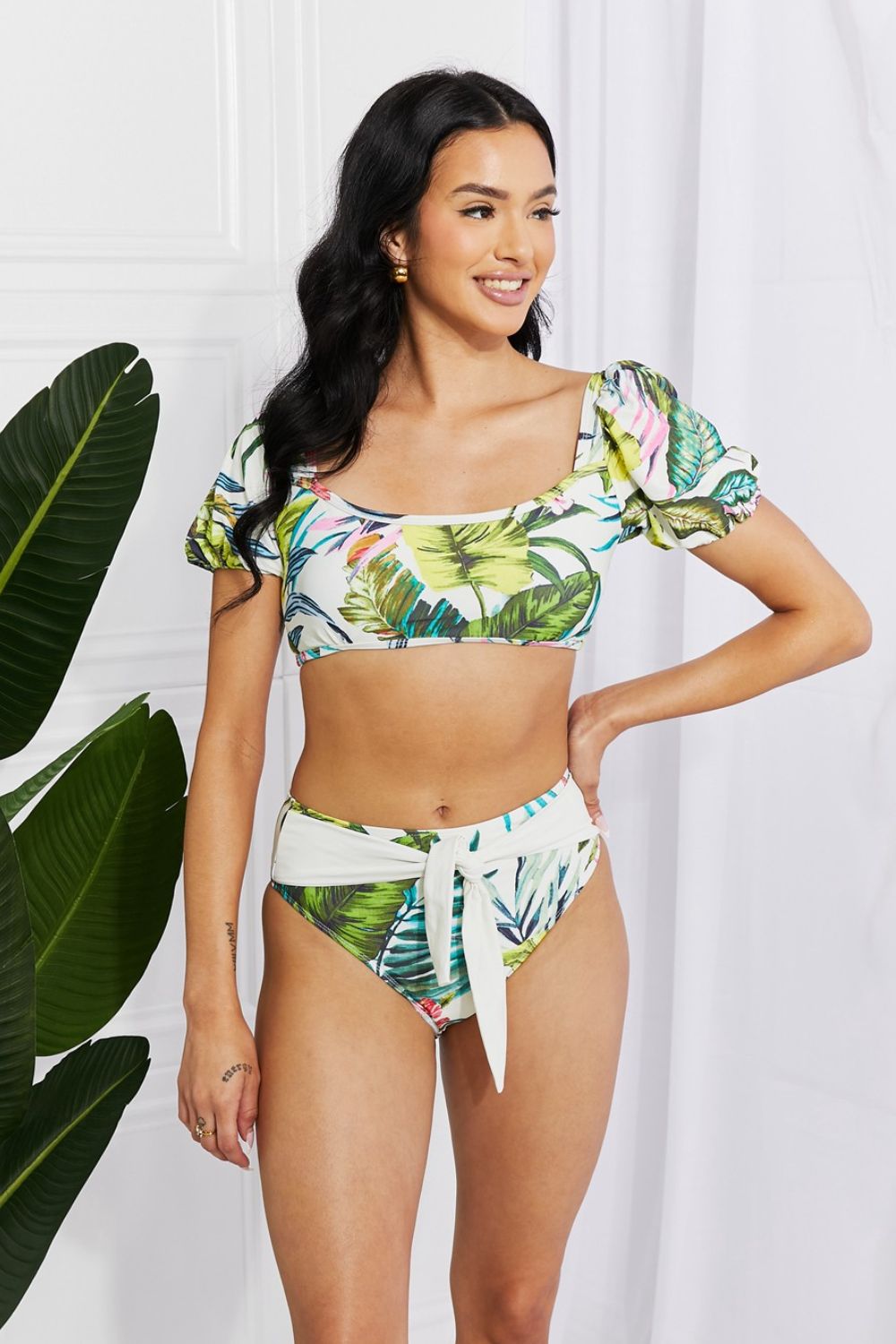 Marina West Swim Vacay Ready Puff Sleeve Bikini in Floral Print on any thing USA/STOD clothes