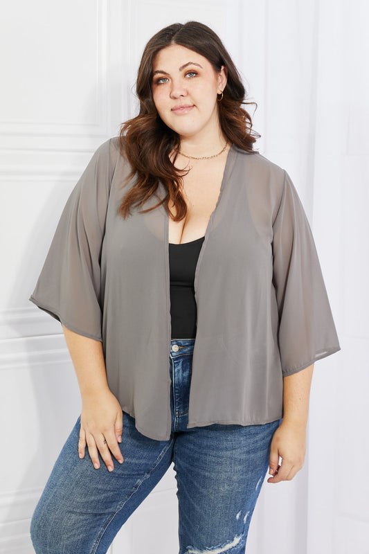 Melody Just Breathe Full Size Chiffon Kimono in Grey Print on any thing USA/STOD clothes