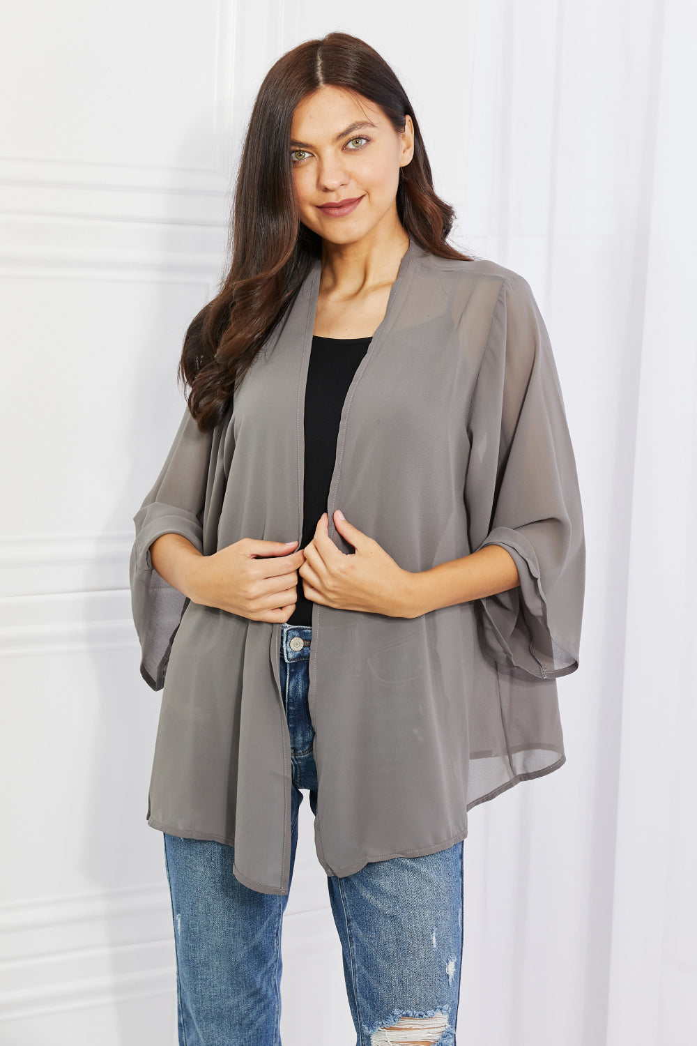 Melody Just Breathe Full Size Chiffon Kimono in Grey Print on any thing USA/STOD clothes