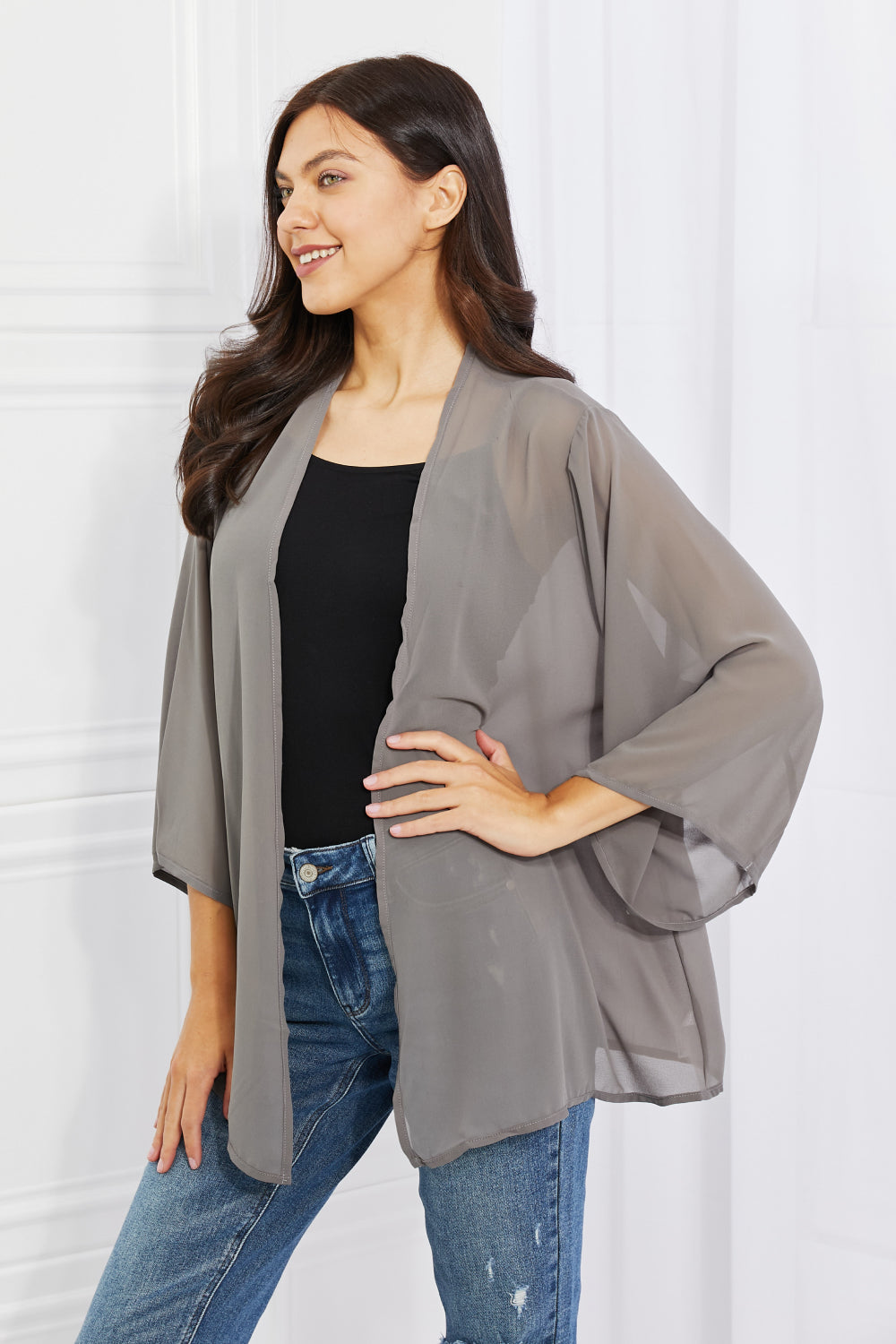 Melody Just Breathe Full Size Chiffon Kimono in Grey Print on any thing USA/STOD clothes