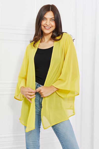 Melody Just Breathe Full Size Chiffon Kimono in Yellow Print on any thing USA/STOD clothes