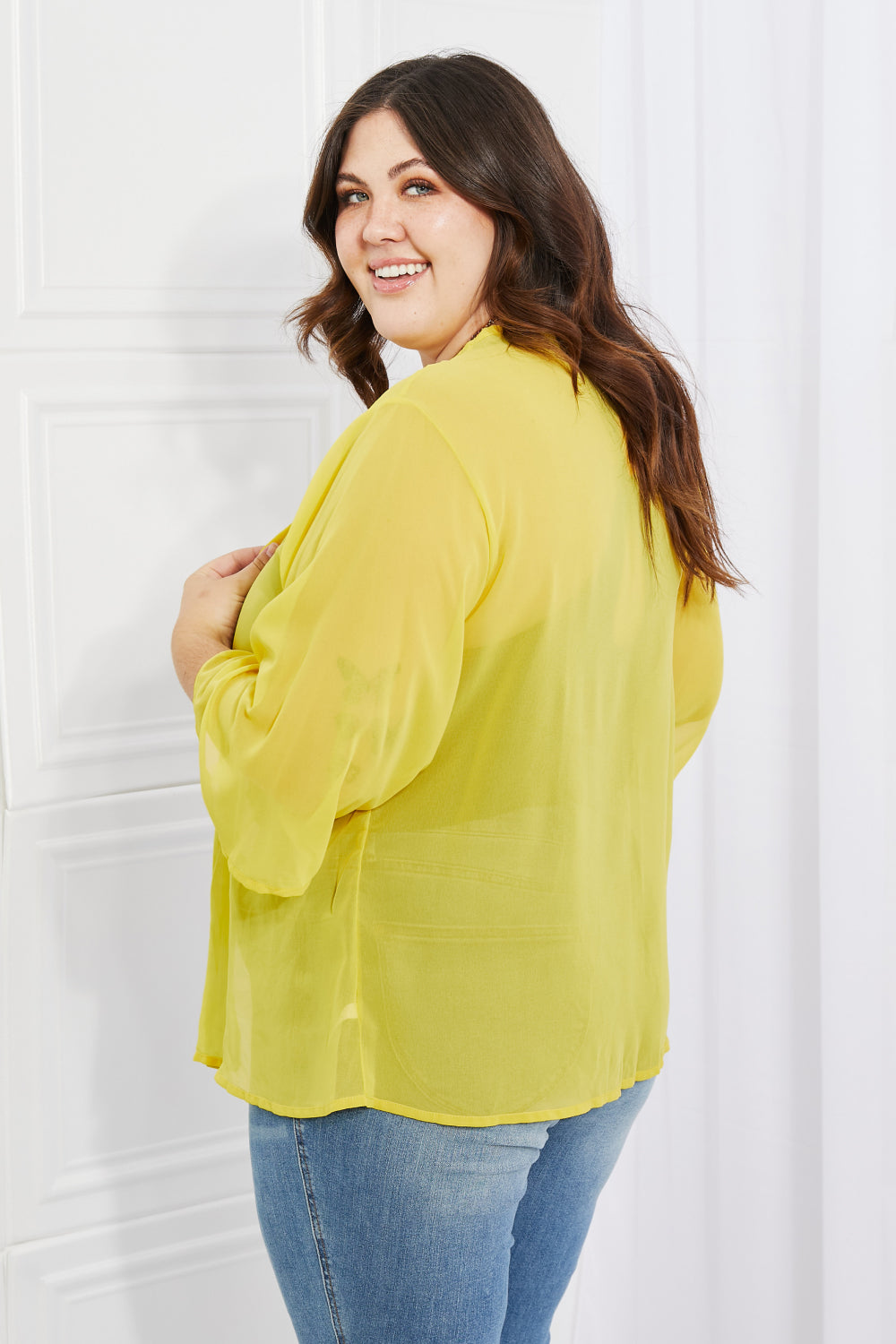 Melody Just Breathe Full Size Chiffon Kimono in Yellow Print on any thing USA/STOD clothes