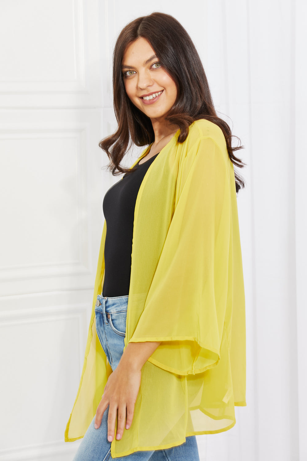 Melody Just Breathe Full Size Chiffon Kimono in Yellow Print on any thing USA/STOD clothes