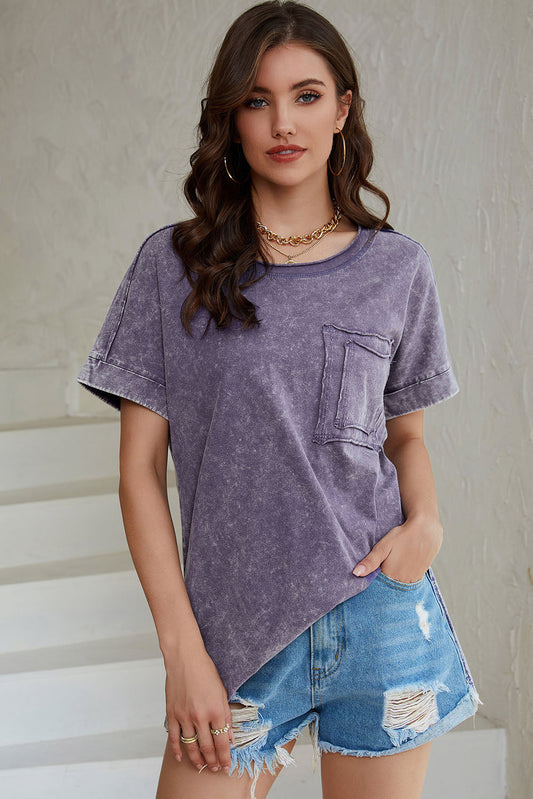Mineral Wash Round Neck Short Sleeve Blouse Print on any thing USA/STOD clothes