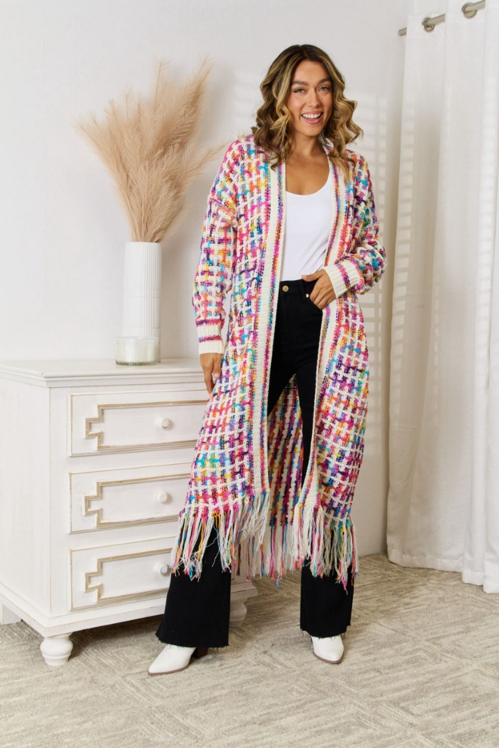 Multicolored Open Front Fringe Hem Cardigan Print on any thing USA/STOD clothes
