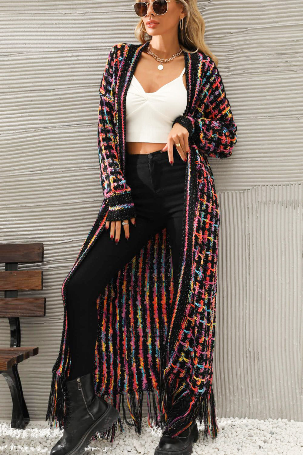 Multicolored Open Front Fringe Hem Cardigan Print on any thing USA/STOD clothes