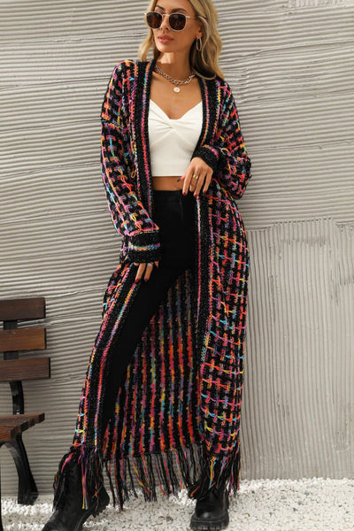 Multicolored Open Front Fringe Hem Cardigan Print on any thing USA/STOD clothes