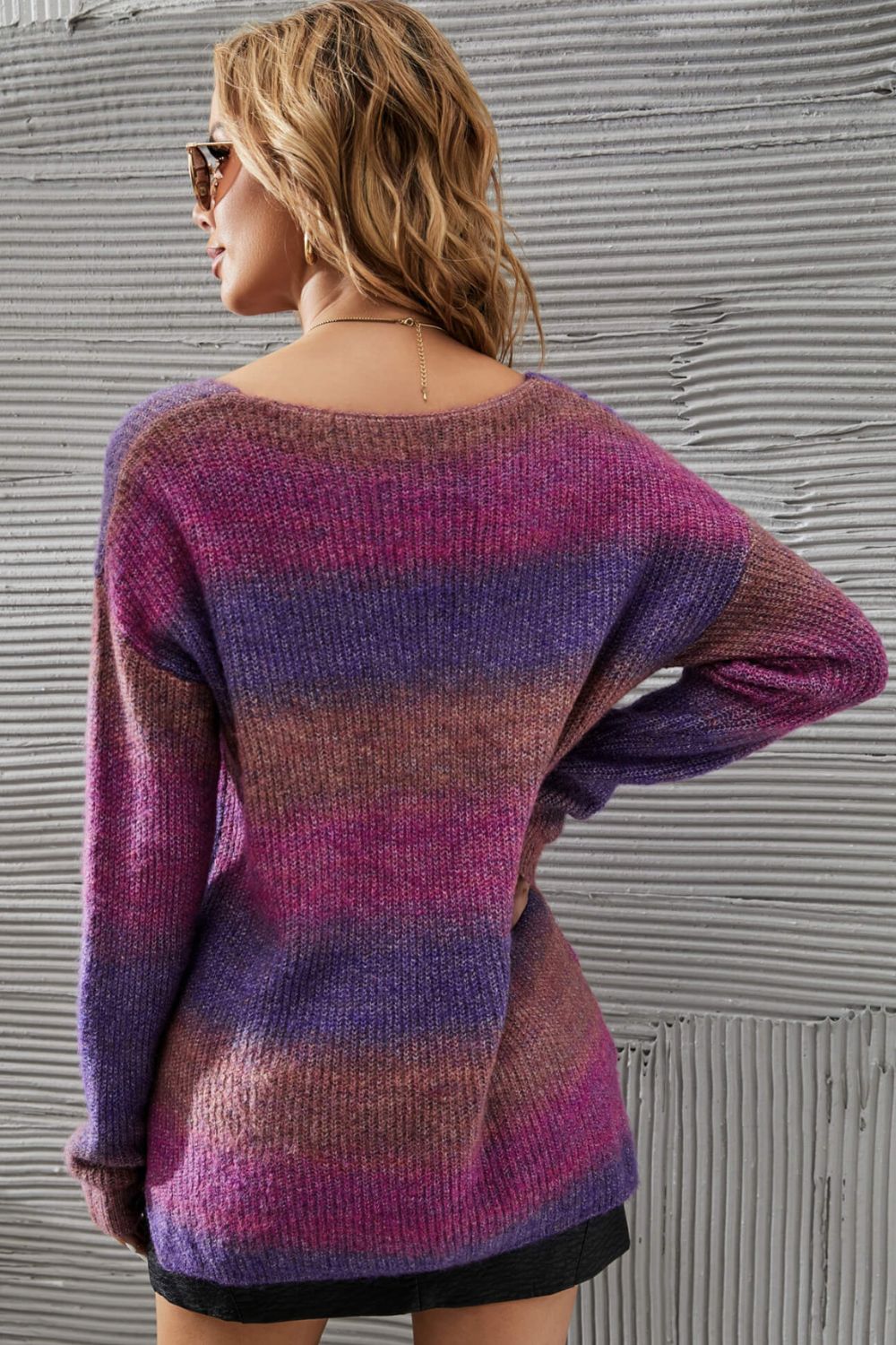 Multicolored Rib-Knit V-Neck Knit Pullover Print on any thing USA/STOD clothes