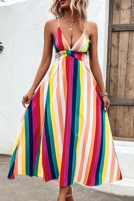 Multicolored Stripe Crisscross Backless Dress Print on any thing USA/STOD clothes