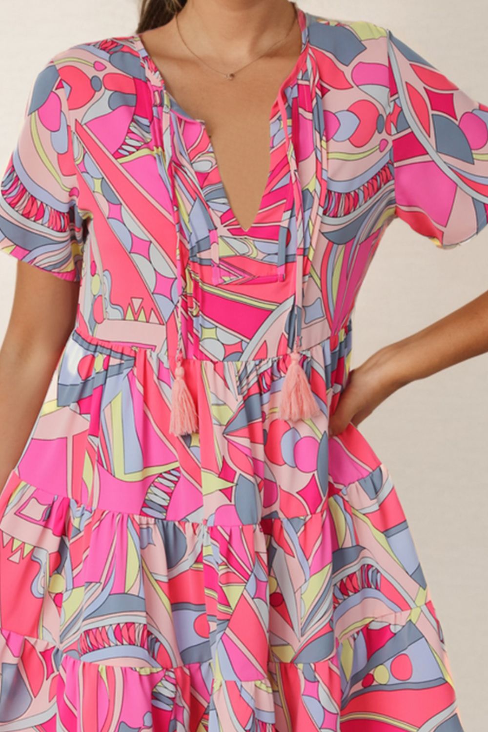 Multicolored Tie Neck Short Sleeve Tiered Dress Print on any thing USA/STOD clothes
