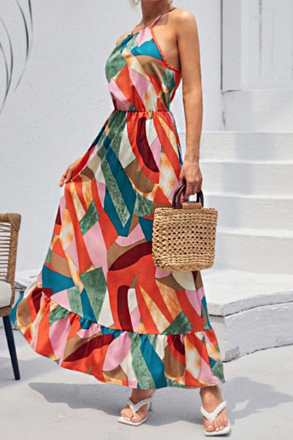 Multicolored Tied Grecian Neck Maxi Dress Print on any thing USA/STOD clothes