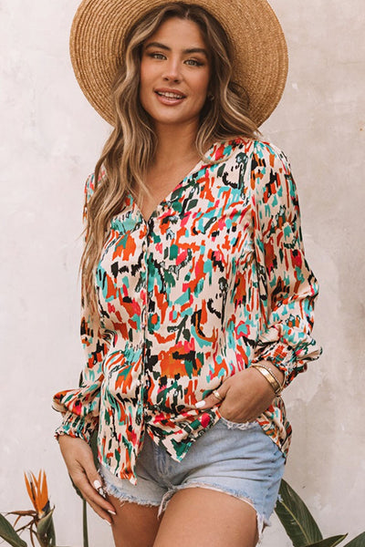 Multicolored V-Neck Lantern Sleeve Shirt Print on any thing USA/STOD clothes