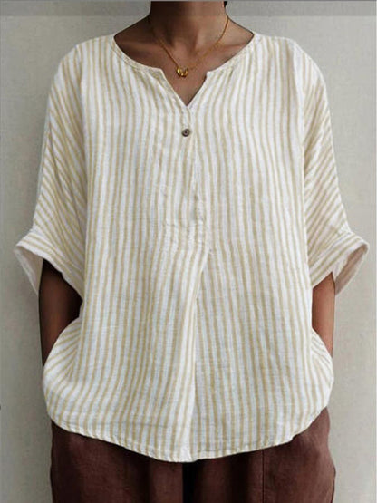 New V-neck striped loose-fit short-sleeved shirt casual all-match top Print on any thing USA/STOD clothes