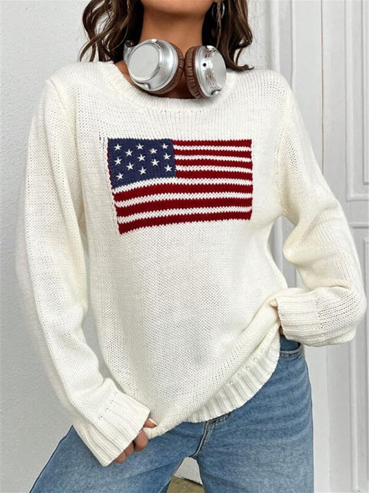 New loose round neck flag pattern simple and versatile knitted sweater Print on any thing USA/STOD clothes