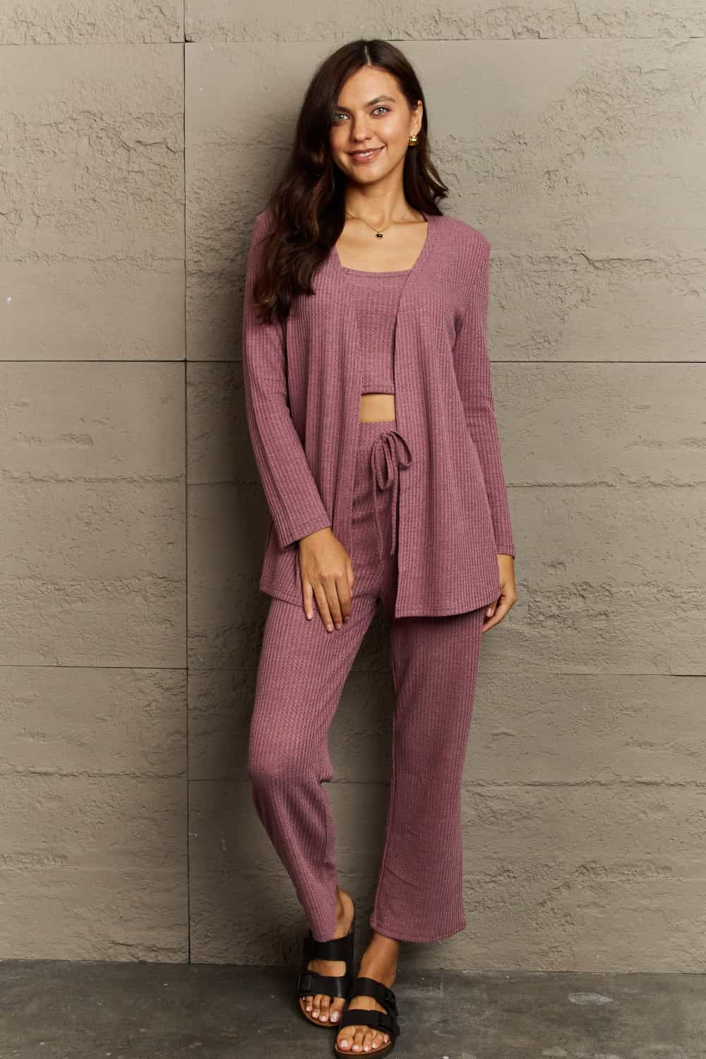 Ninexis Full Size Cropped Top, Long Pants and Cardigan Lounge Set Print on any thing USA/STOD clothes