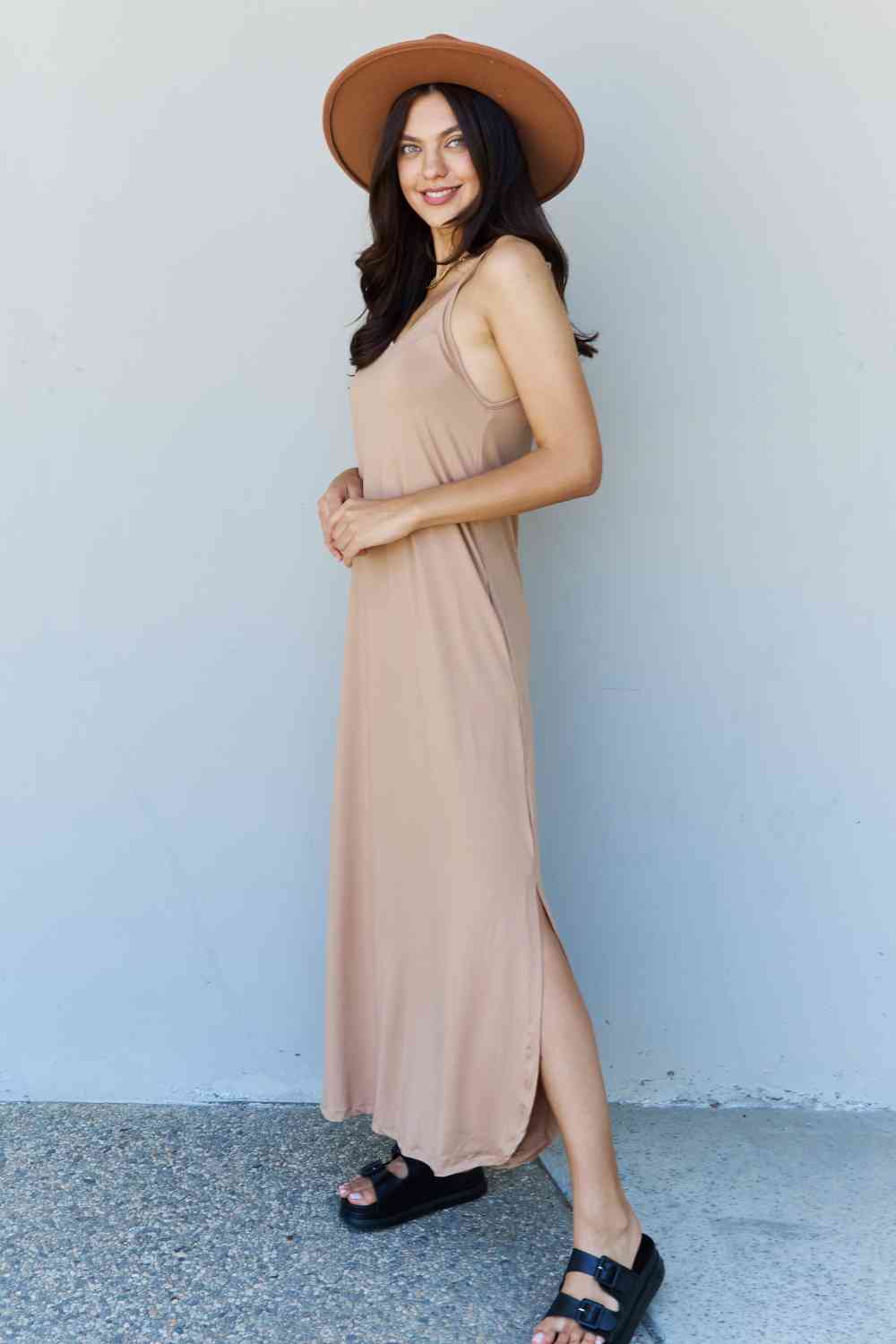 Ninexis Good Energy Full Size Cami Side Slit Maxi Dress in Camel Print on any thing USA/STOD clothes