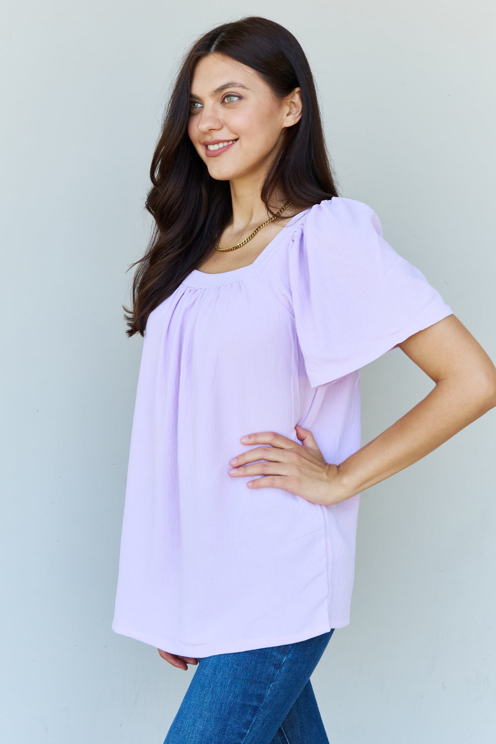 Ninexis Keep Me Close Square Neck Short Sleeve Blouse in Lavender Print on any thing USA/STOD clothes