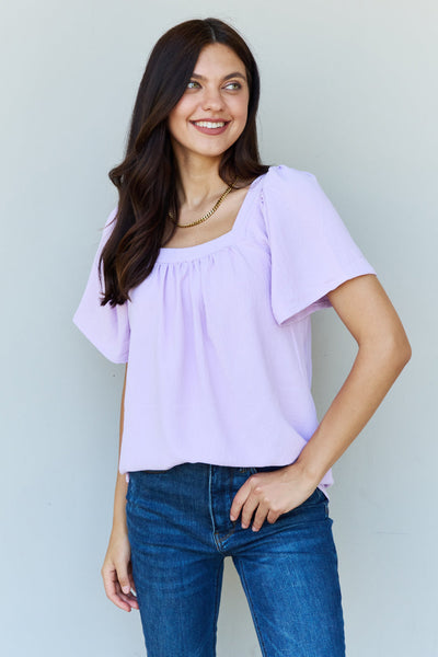 Ninexis Keep Me Close Square Neck Short Sleeve Blouse in Lavender Print on any thing USA/STOD clothes