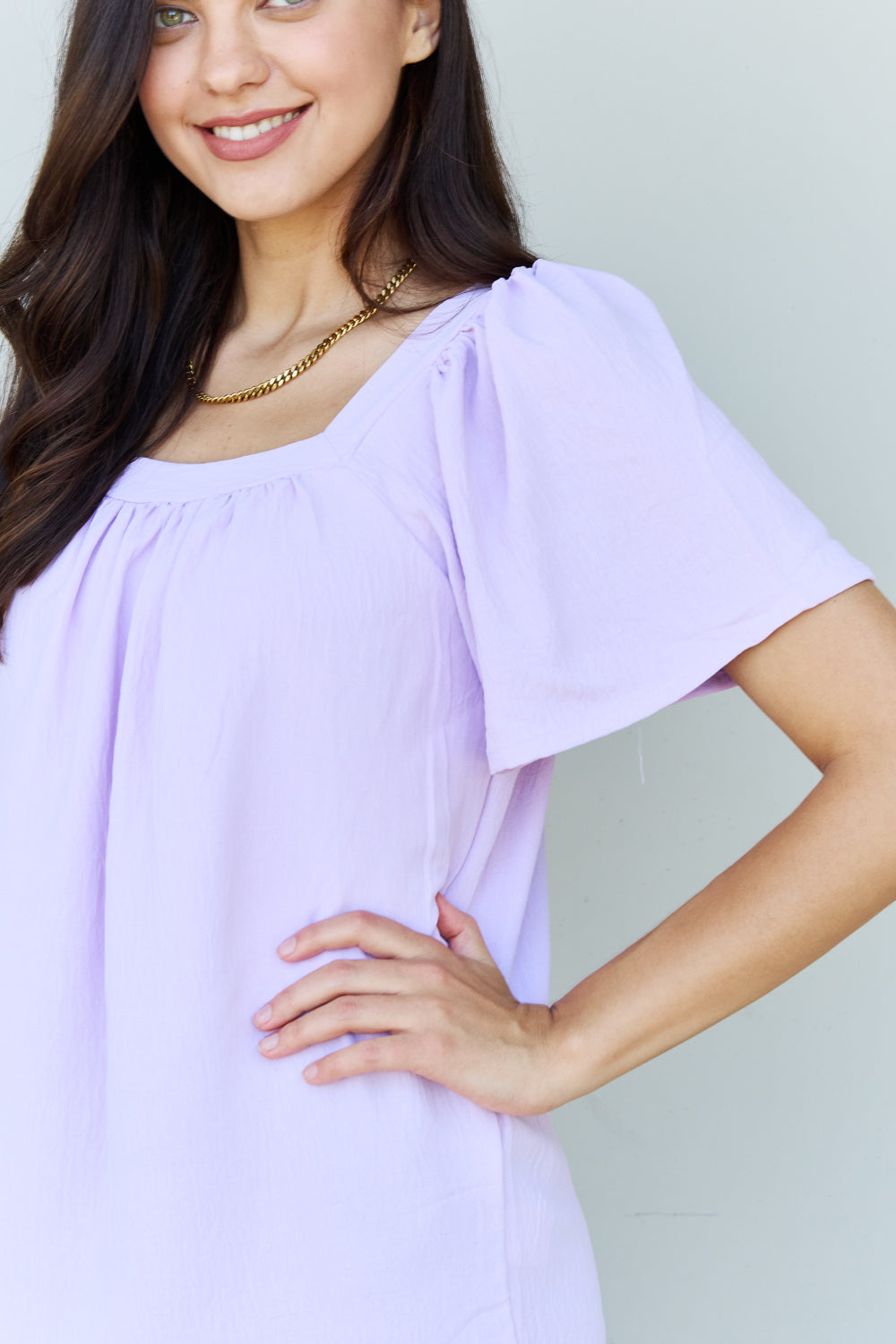 Ninexis Keep Me Close Square Neck Short Sleeve Blouse in Lavender Print on any thing USA/STOD clothes