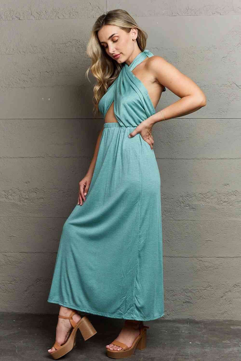 Ninexis Know Your Worth Criss Cross Halter Neck Maxi Dress Print on any thing USA/STOD clothes