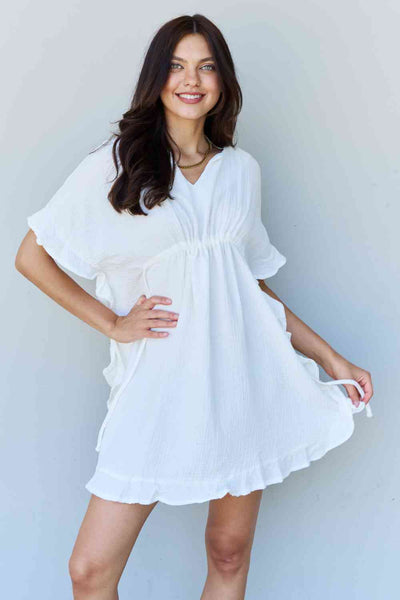 Ninexis Out Of Time Full Size Ruffle Hem Dress with Drawstring Waistband in White Print on any thing USA/STOD clothes