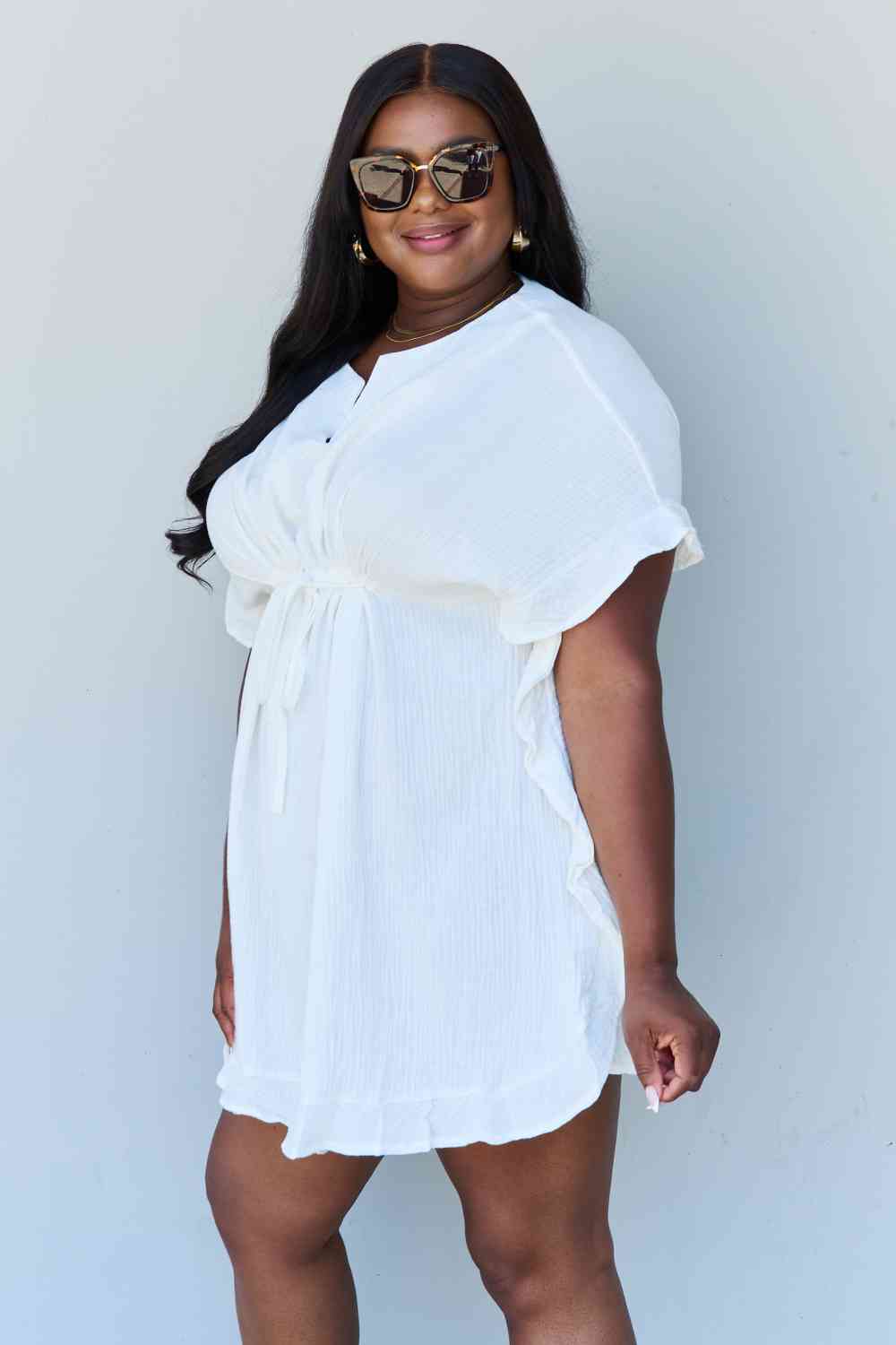 Ninexis Out Of Time Full Size Ruffle Hem Dress with Drawstring Waistband in White Print on any thing USA/STOD clothes