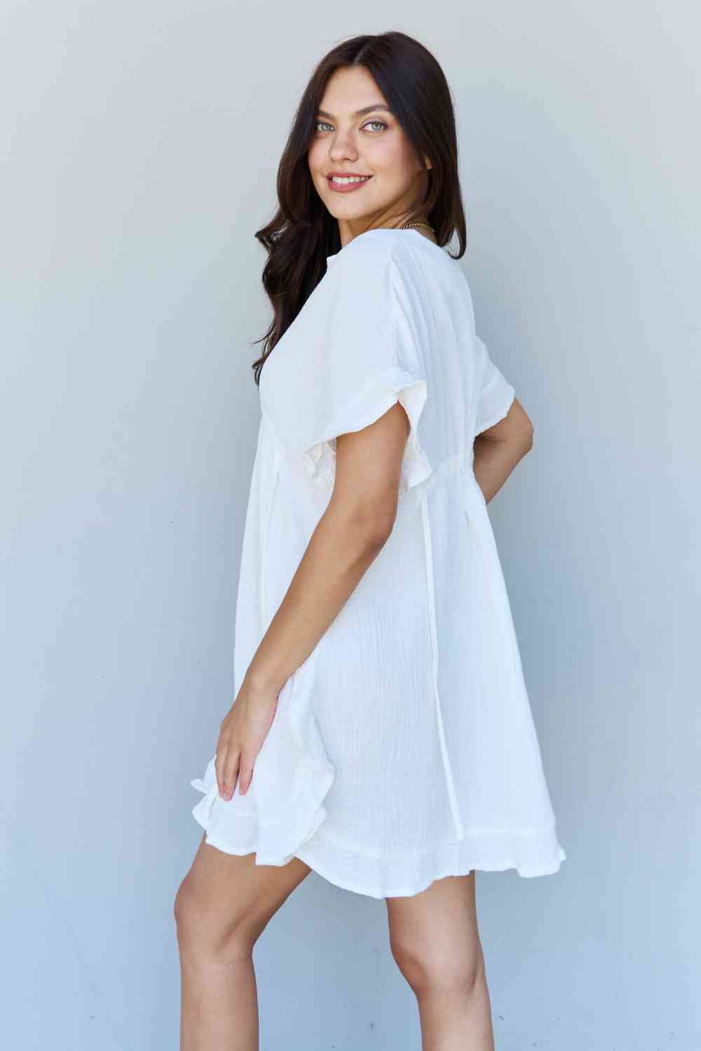 Ninexis Out Of Time Full Size Ruffle Hem Dress with Drawstring Waistband in White Print on any thing USA/STOD clothes