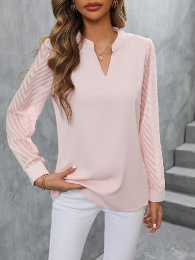 Notched Long Sleeve Blouse Print on any thing USA/STOD clothes