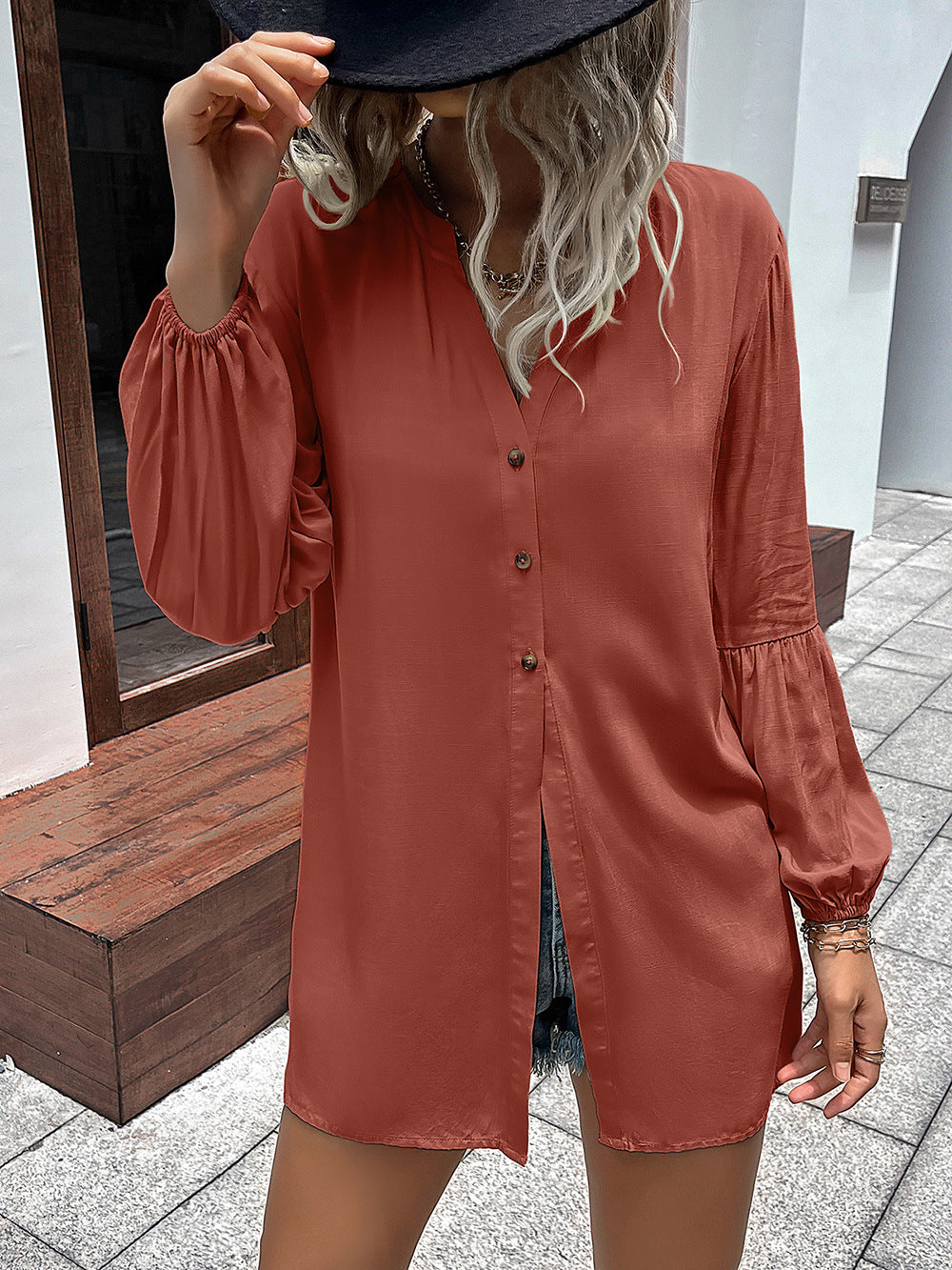 Notched Neck Balloon Sleeve Shirt Print on any thing USA/STOD clothes