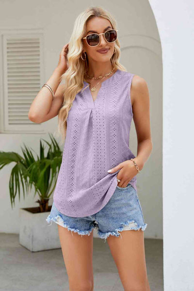 Notched Neck Curved Hem Eyelet Tank Print on any thing USA/STOD clothes