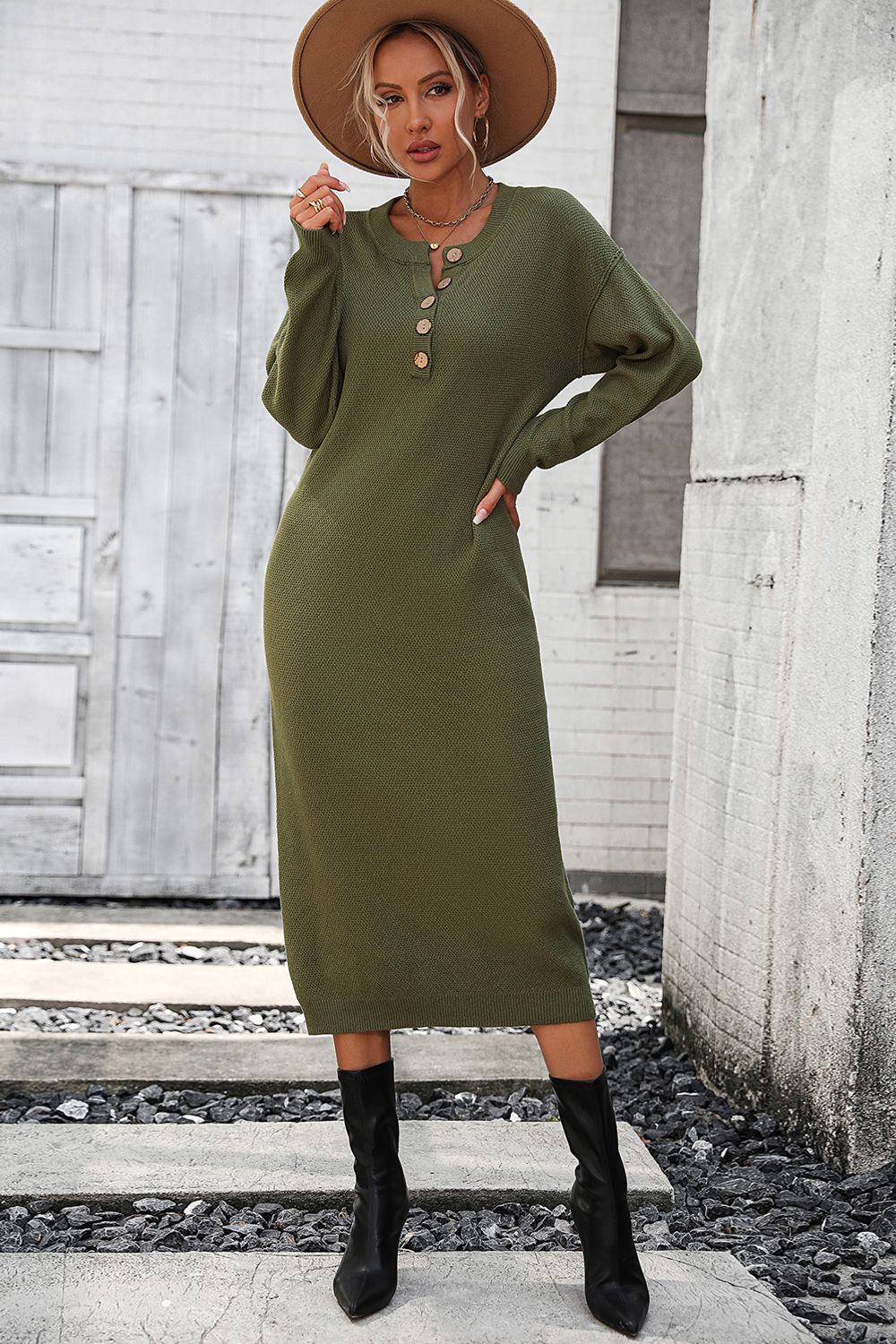 Notched Neck Dropped Shoulder Button-Down Midi Dress Print on any thing USA/STOD clothes