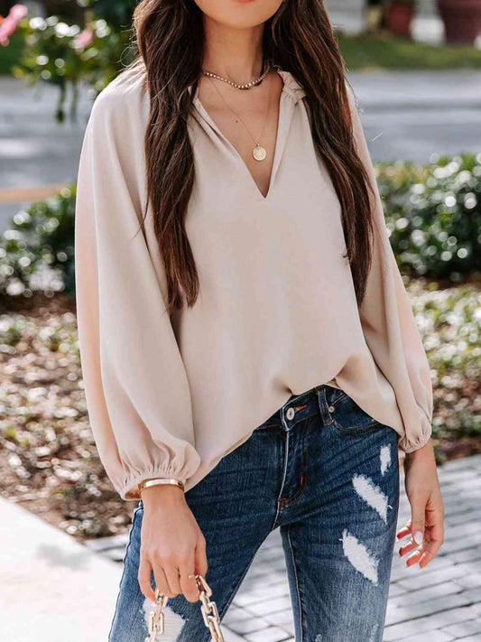 Notched Neck Long Sleeve Blouse Print on any thing USA/STOD clothes