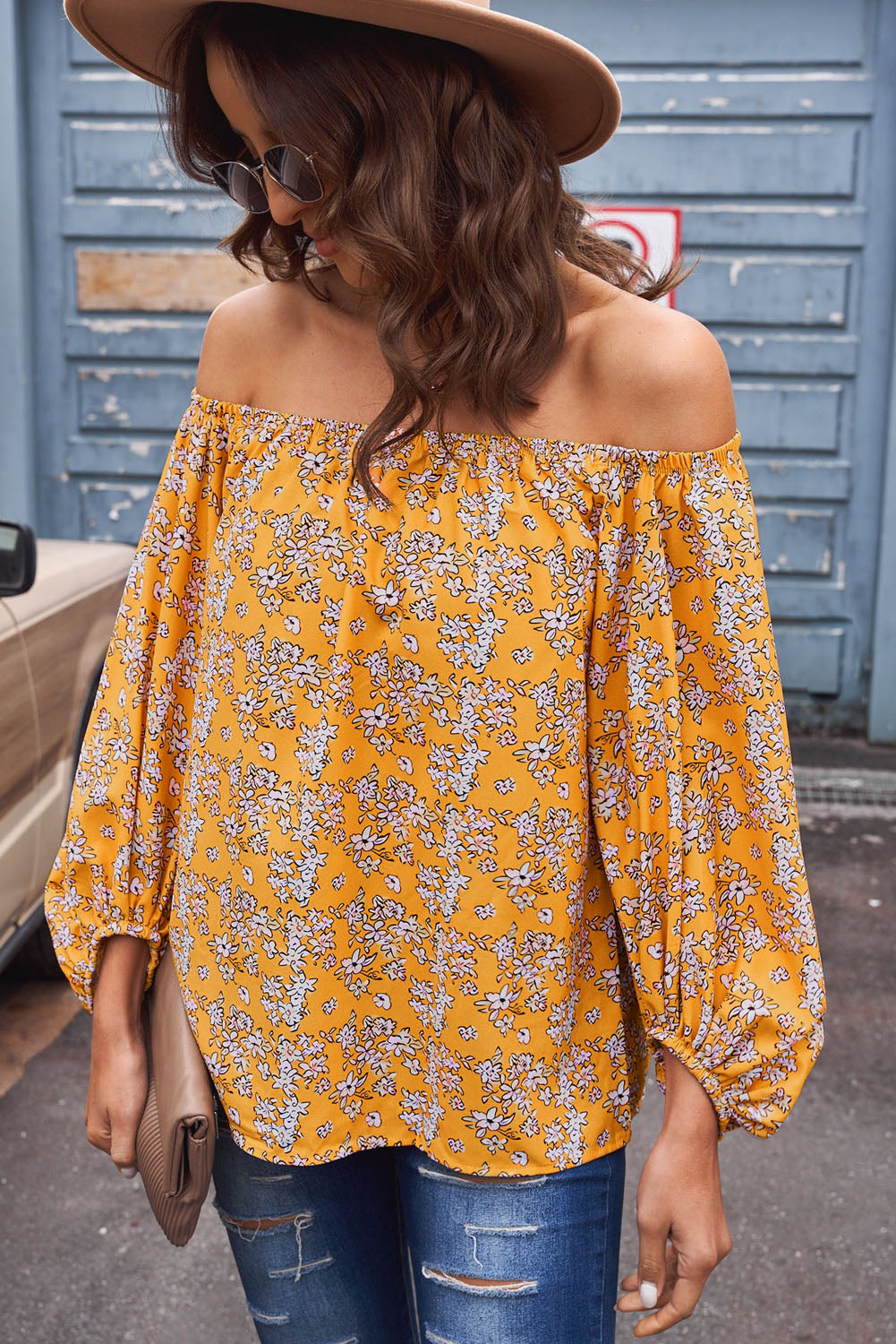 Off-Shoulder Balloon Sleeve Top Print on any thing USA/STOD clothes