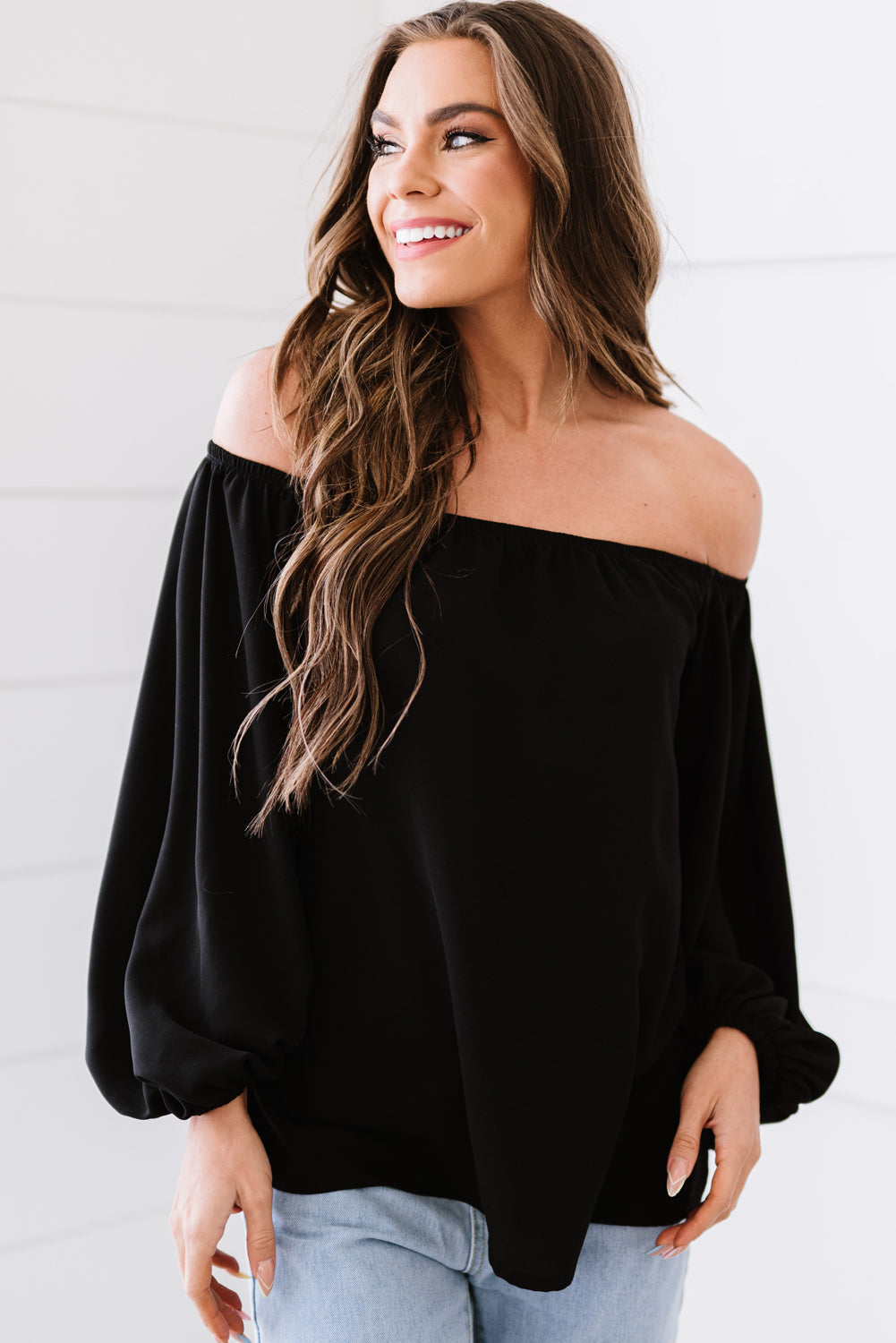 Off-Shoulder Balloon Sleeve Top Print on any thing USA/STOD clothes