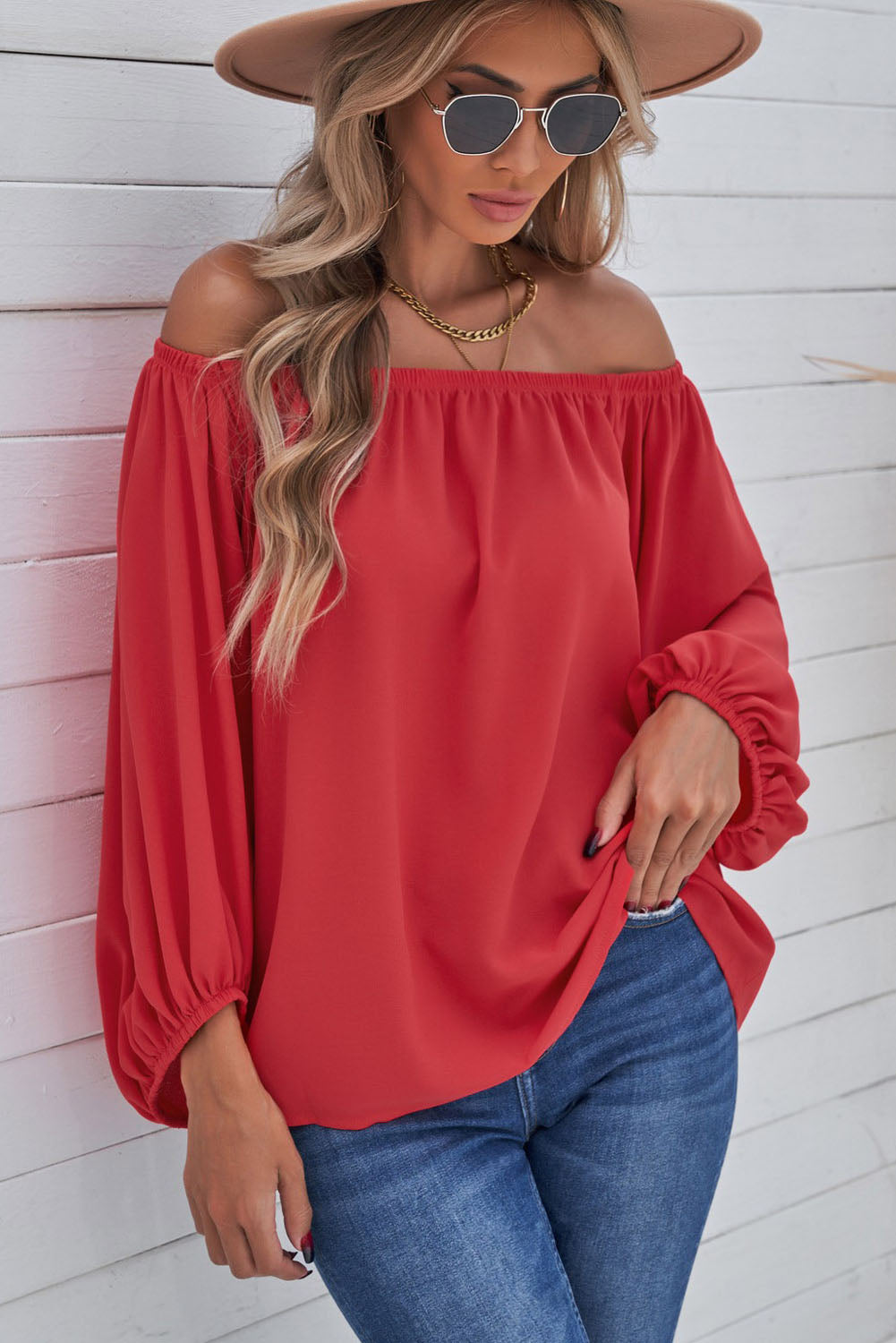 Off-Shoulder Balloon Sleeve Top Print on any thing USA/STOD clothes