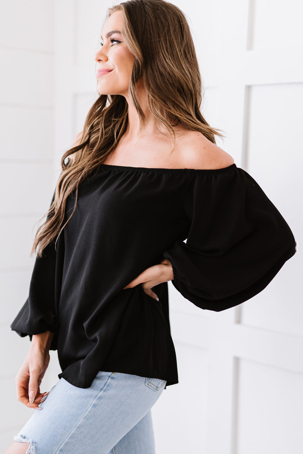 Off-Shoulder Balloon Sleeve Top Print on any thing USA/STOD clothes