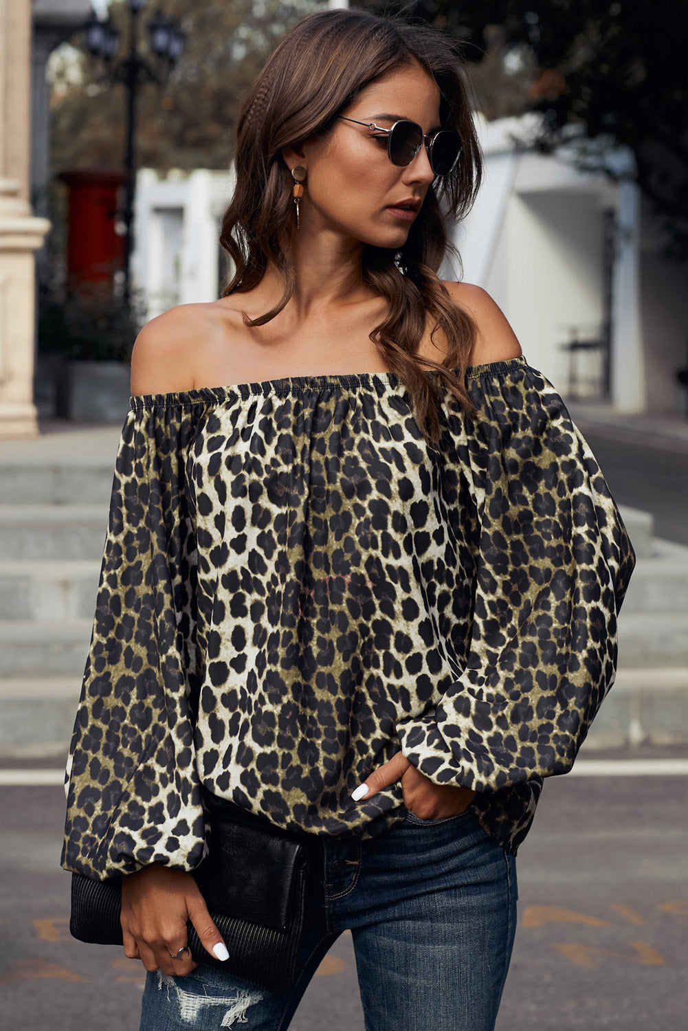 Off-Shoulder Balloon Sleeve Top Print on any thing USA/STOD clothes